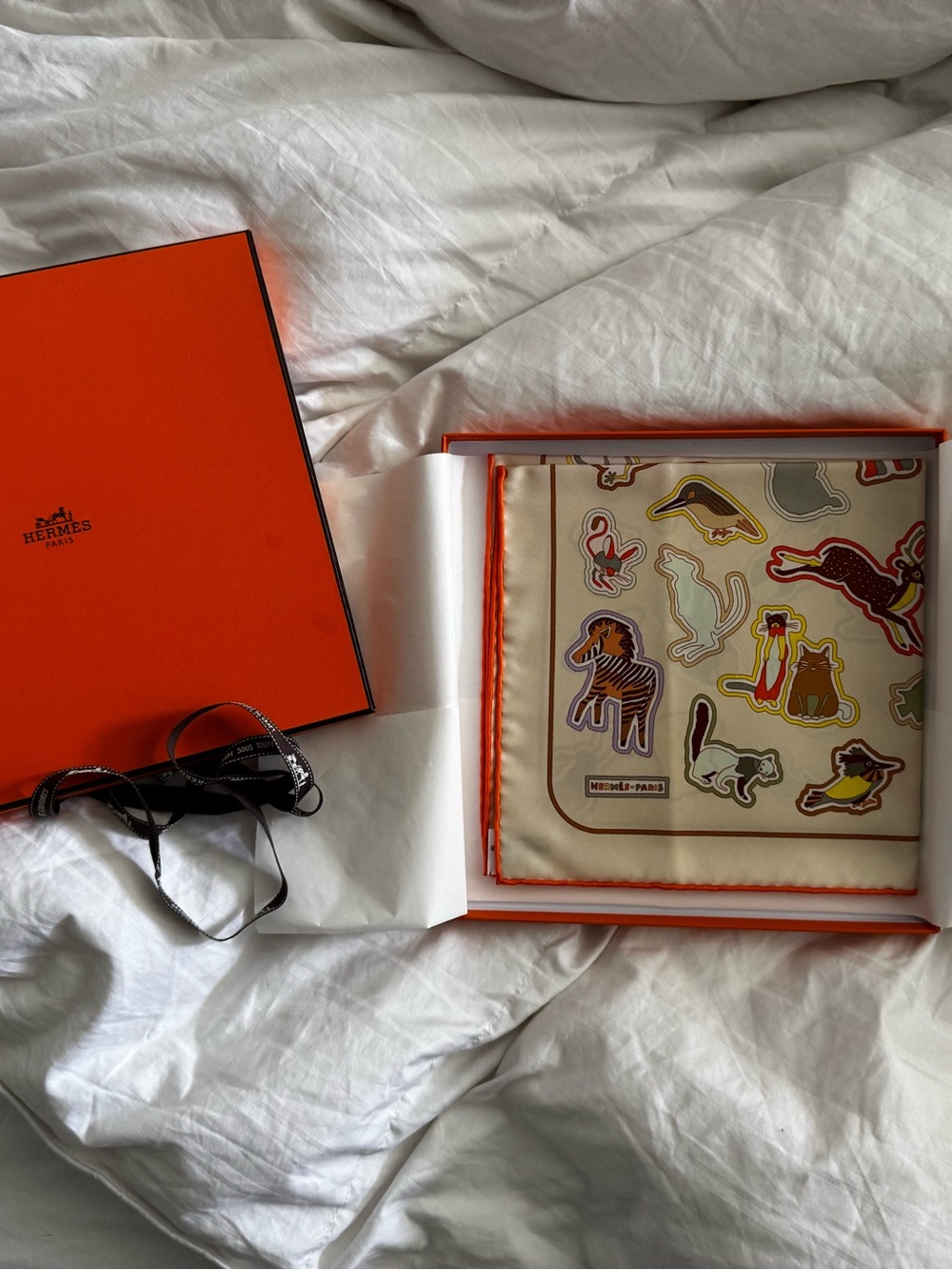 Hermes Beige & Orange Caracterstick Detail Silk Scarf - Picture 2 of 7